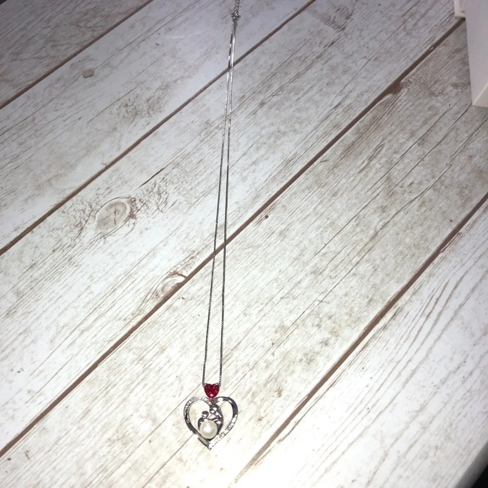 ALWAYS MY MOM Grandma Red Stone Pearl Heart Pendant Chain Necklace